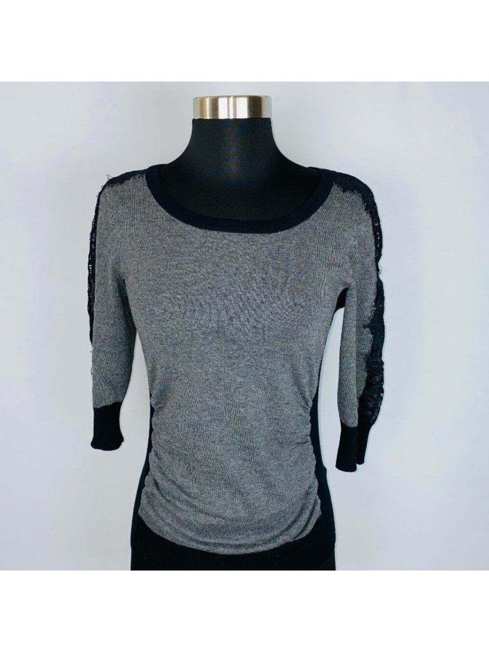 A Byer Top Womens Gray Top Black Lace Trim Accents Ruched Sides Casual Size M